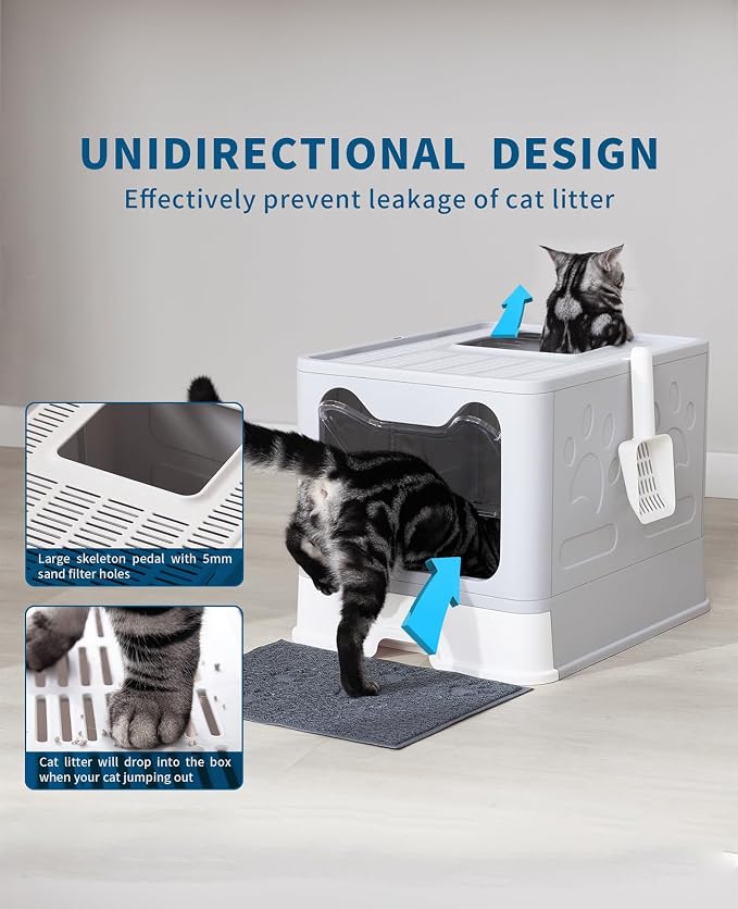 Foldable Cat Litter Box with Mat & Scoop – Grey