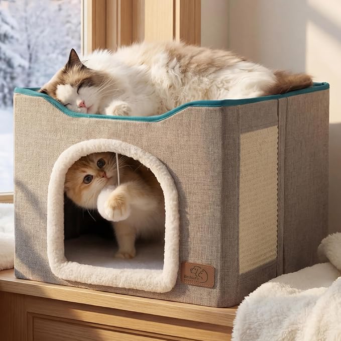 Bedsure Large Cat Cave with Scratch Pad & Fluffy Ball