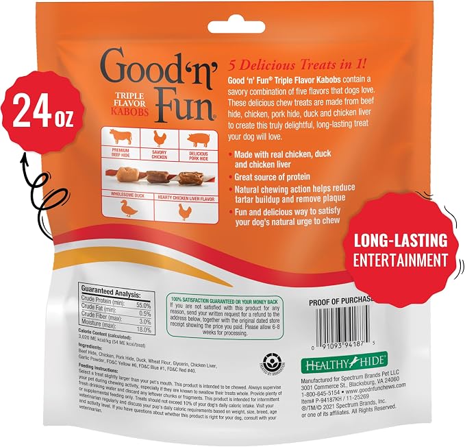 Good'N'Fun Triple Flavor Rawhide Dog Kabobs 1.5lb